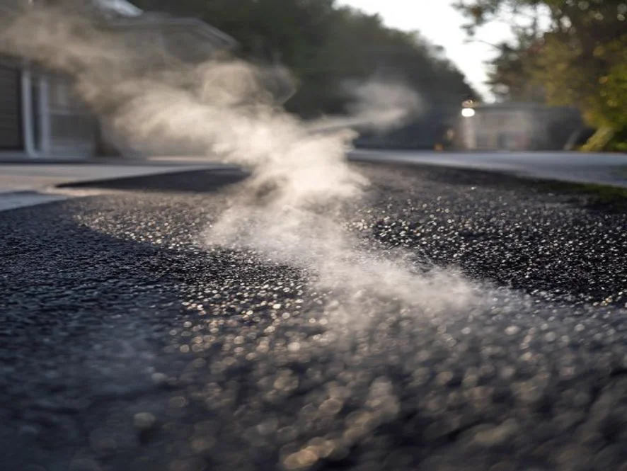 Steam and faint fumes rising from a freshly paved hot asphalt driveway