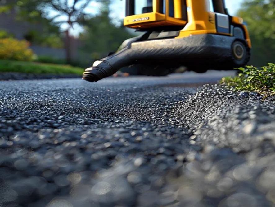 Directional boring rig drilling a conduit under an asphalt driveway without cutting the surface