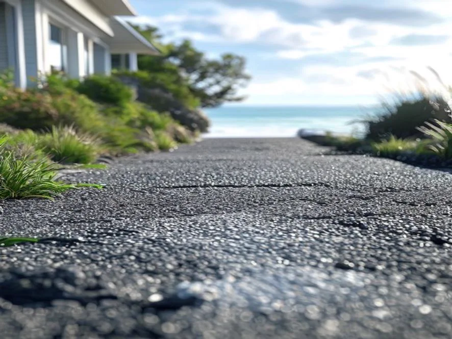 Asphalt driveway at a beach house with dune grass and sandy soil along the edges