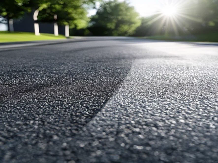 Light gray cool coated asphalt driveway next to a dark black one in full sun