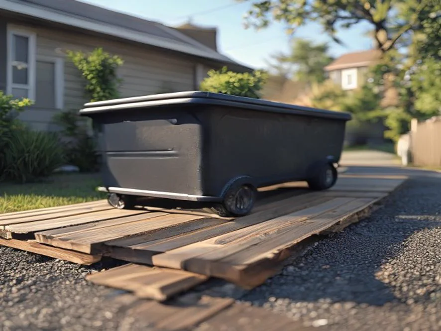 A roll-off dumpster sitting on sheets of plywood on a residential asphalt driveway