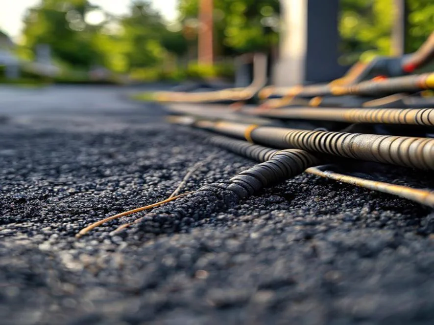 Cross section of an asphalt driveway with heating cables and tubing under the surface