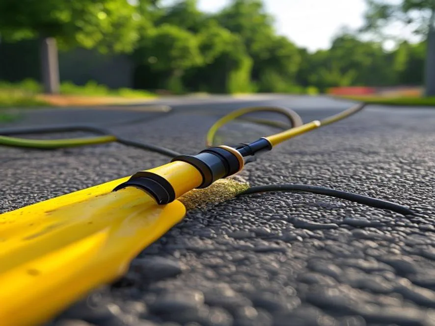 EV charging cable lying across a paved driveway with a yellow cable ramp over it