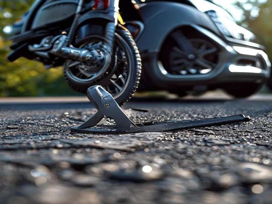 Small round divot in an asphalt driveway left by a motorcycle kickstand