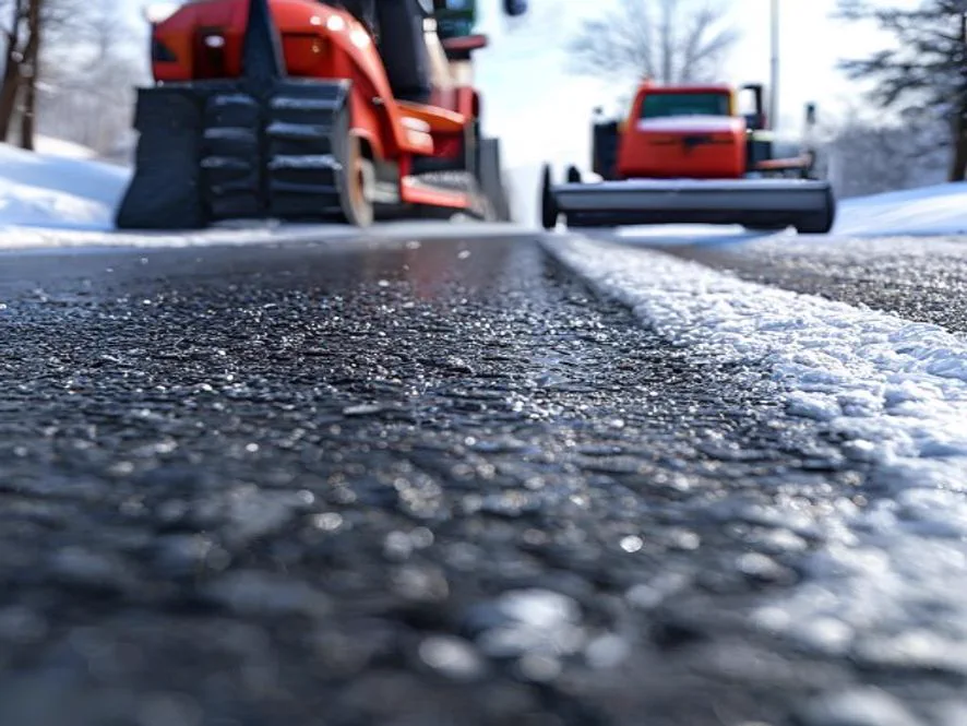 Snow-free heated asphalt driveway next to a plowed driveway with snow piles