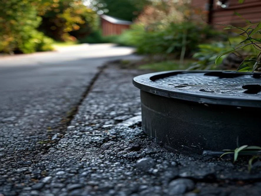 Septic tank lid and drain field area in a yard next to a paved driveway