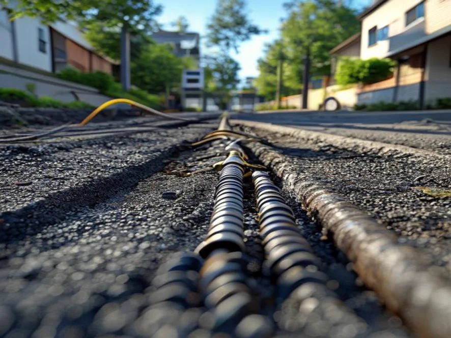 Open trench across an asphalt driveway with electrical conduit laid in, ready for inspection
