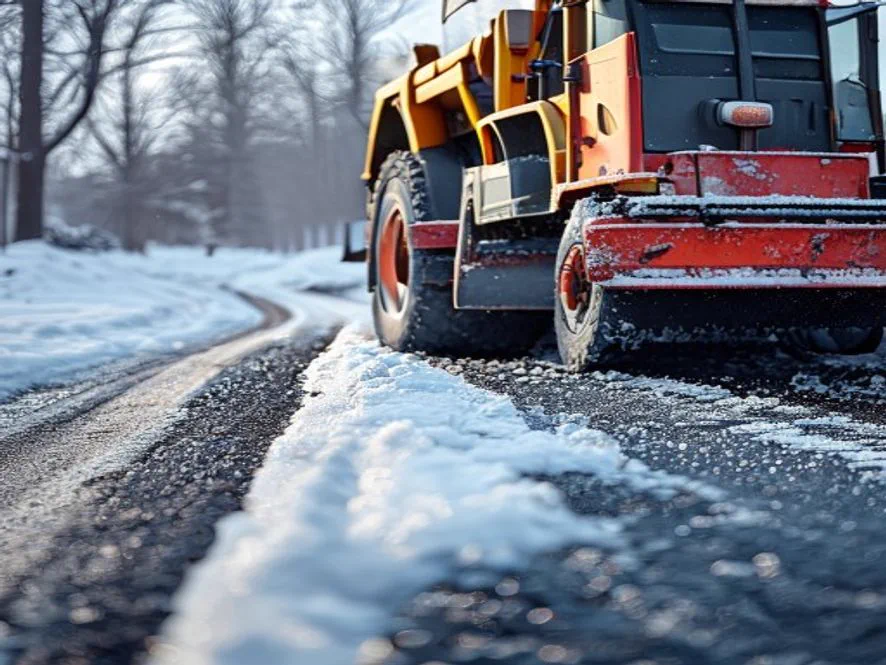A gouge and torn edge in an asphalt driveway left by a snow plow blade